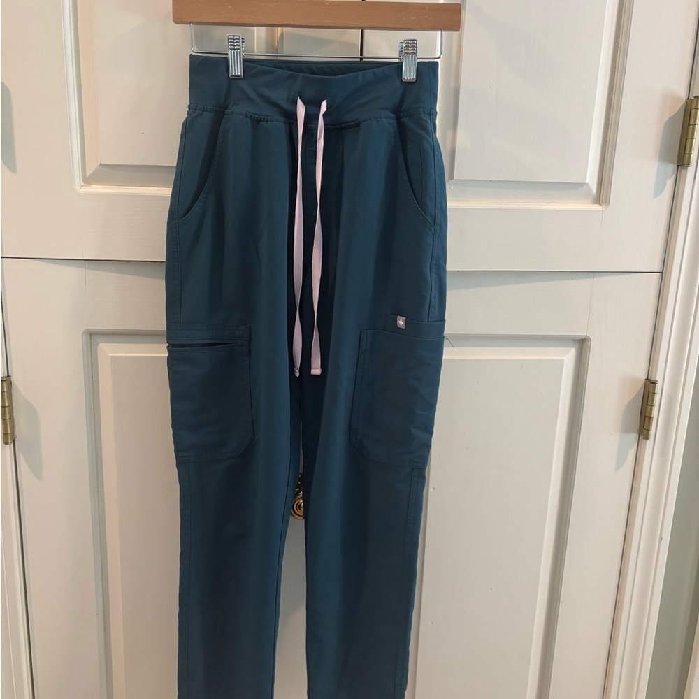 Figs Straight Leg Scrub Pants Teal with Pink Drawstring